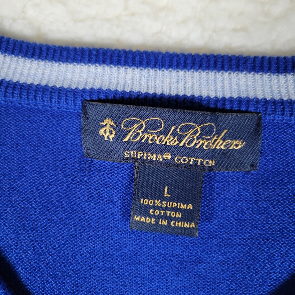 Brooks Brothers Supima Cotton V-Neck Sweater Royal Blue Striped Trim Mens L - Picture 4 of 11